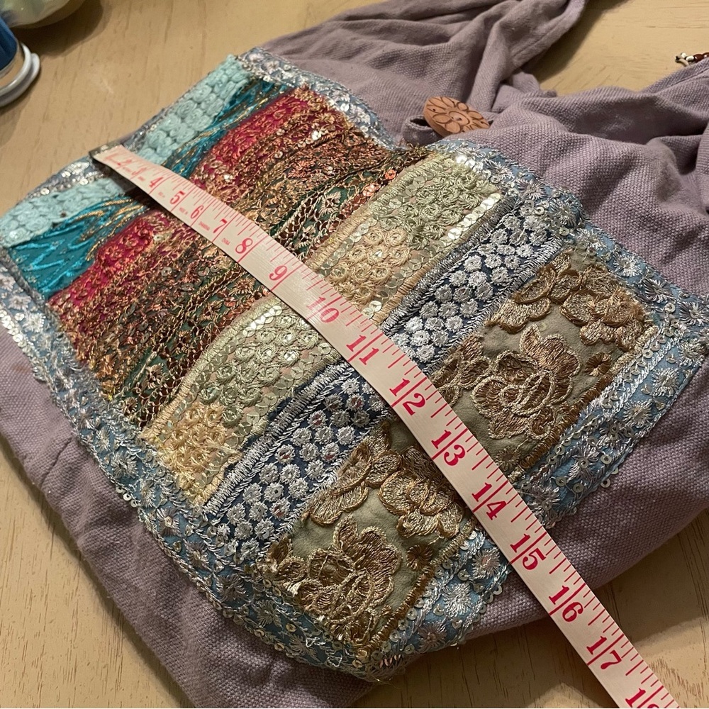 Soft Gray lilac Purple Boho Slouchy Tote with Sequin and Embroidered Details - Picture 12 of 12